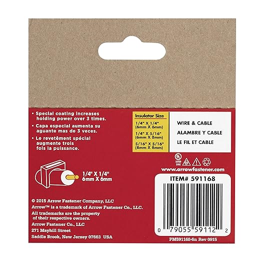 Arrow 591168 Genuine T59 Steel 1/4-Inch by 1/4 Crown Width Insulated Staples for Cable and Wiring, Clear, 300 Count