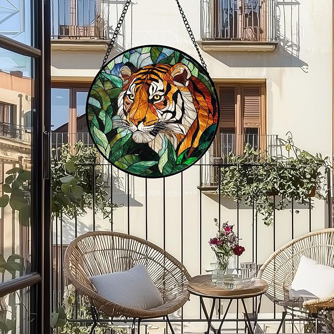 Stained Glass Window Hanging, Fierce Tiger Sun Catcher for Door Home Decor Wild Animals Suncatcher Christmas Mother's Day Birthday Gifts for Women Men Mom and Nana 6.3 in