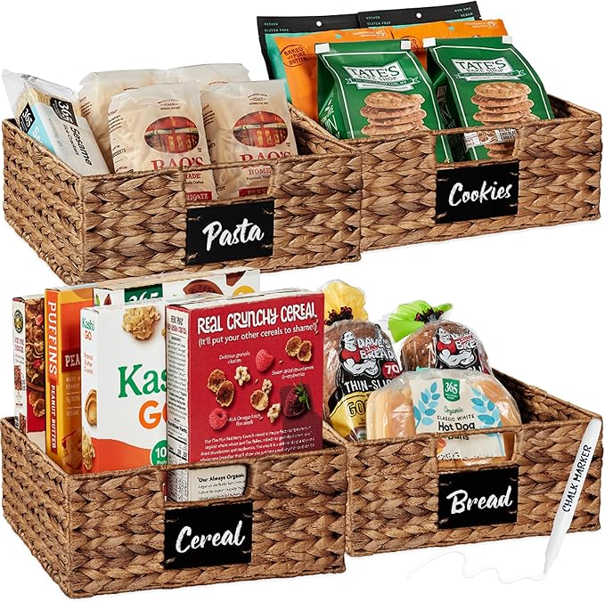 Best Choice Products Set of 4 13x12in Water Hyacinth Pantry Baskets, Woven Organizers w/Chalkboard Label, Chalk Marker - Chestnut