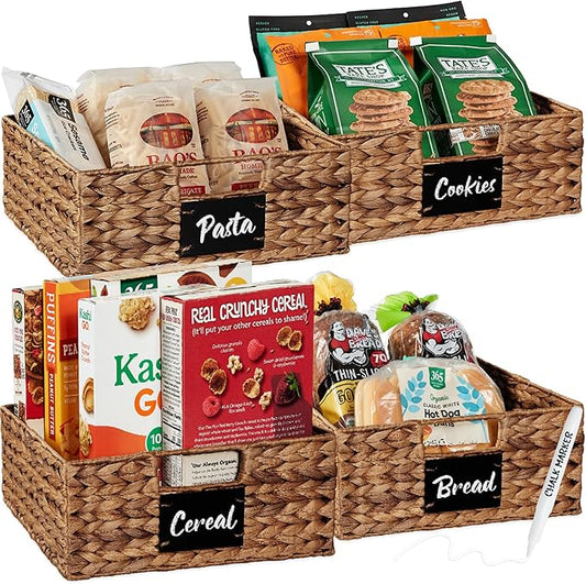Best Choice Products Set of 4 13x12in Water Hyacinth Pantry Baskets, Woven Organizers w/Chalkboard Label, Chalk Marker - Chestnut