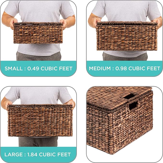 Best Choice Products Set Of 3 Large Multipurpose Hyacinth Storage Baskets, Handwoven Rectangular Organizer Totes for Bedroom, Living Room w/Insert Handles, Removable Lid - 21", 20", 18"