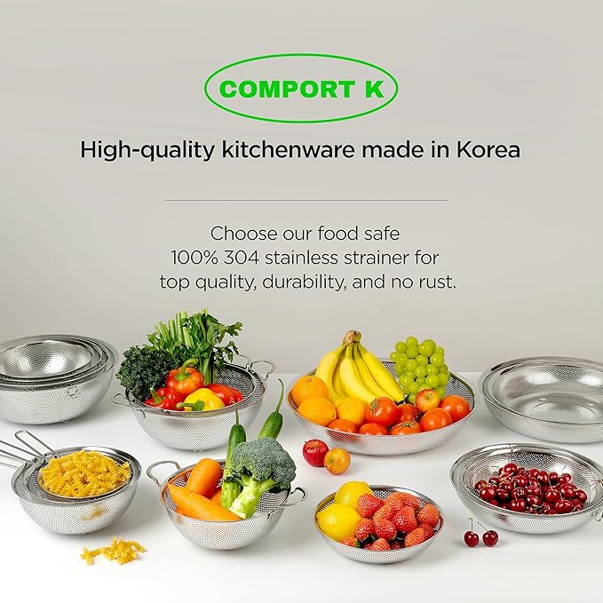 Premium 18/8 304 Stainless Steel Strainer Set of 3 with Long Handle, Micro-Perforated Colanders 1.5-2.5-4 Quart Set, Self-Draining Solid Base for Pasta, Fruits, Vegetables, Made in Korea