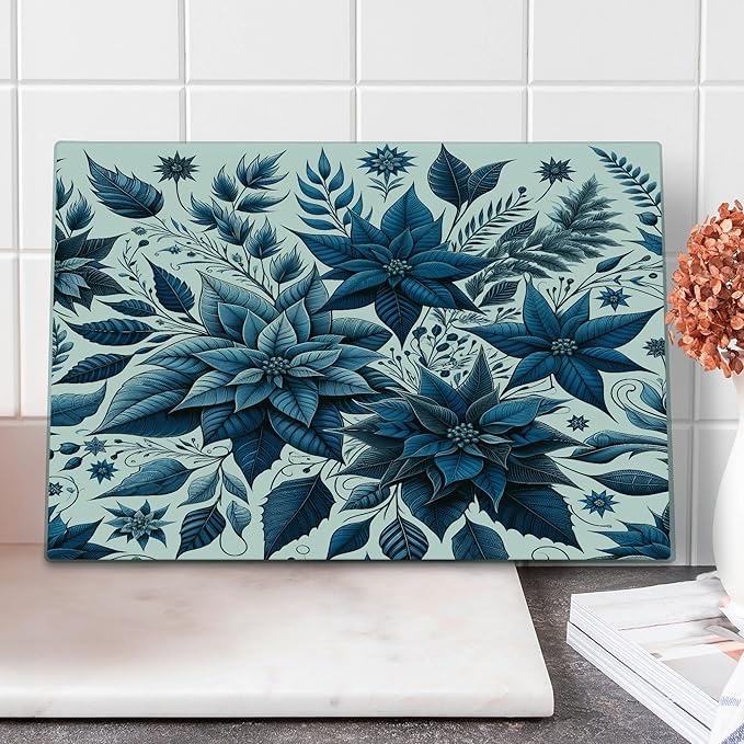 Ambesonne Christmas Cutting Board, Monochromatic Poinsettia Flowers Xmas Theme Illustration Print, Decorative Tempered Glass Cutting and Serving Board, Large Size, Night Blue and Dark Sky Blue
