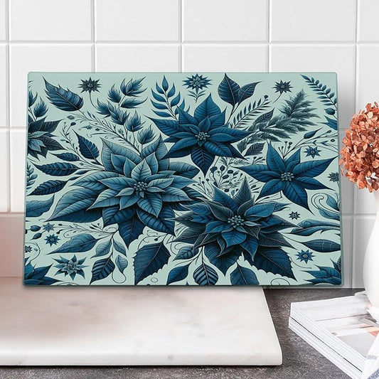 Ambesonne Christmas Cutting Board, Monochromatic Poinsettia Flowers Xmas Theme Illustration Print, Decorative Tempered Glass Cutting and Serving Board, Large Size, Night Blue and Dark Sky Blue
