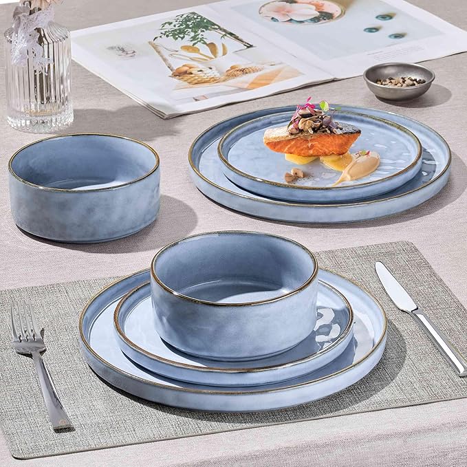 Herogo 12 Pieces Dinnerware Sets for 4, Ceramic Serving Dishes Sets, Stoneware Plates and Bowls for Kitchen Dining, Dishwasher & Microwave Safe, Haze Blue