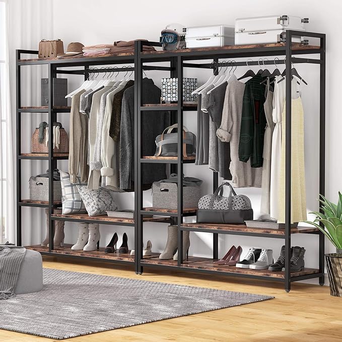 Tribesigns Free-standing Closet Organizer with 6 Storage Shelves and Hanging Bar, Large Standing Clothes Garment Rack（Vintage）