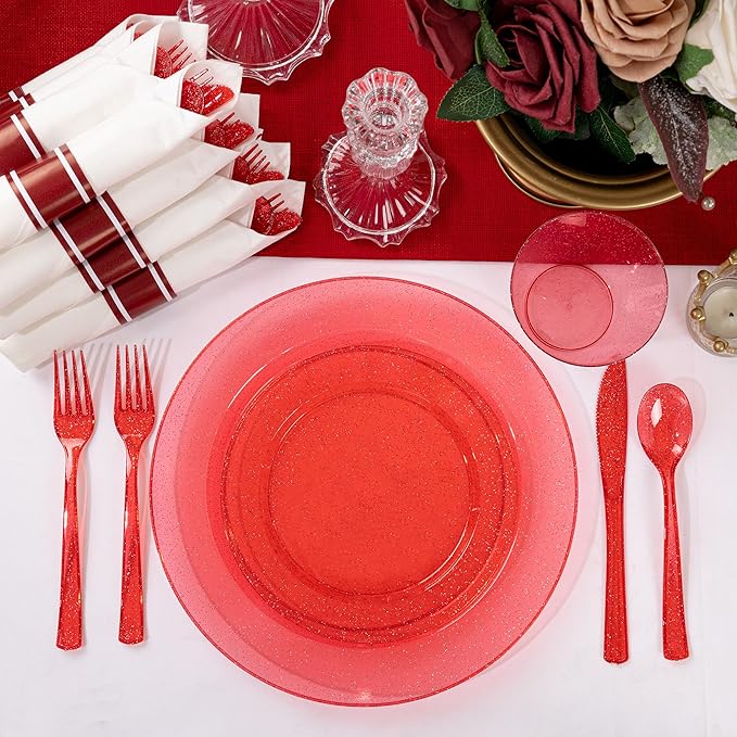 DaYammi 350 Pieces Red Glitter Dinnerware Set 50 Guest for Christmas Party- 50 Dinner Plates, 50 Dessert Plates -50 Per Rolled Napkins with Red Cutlery - 50 Disposable Cups 9 OZ
