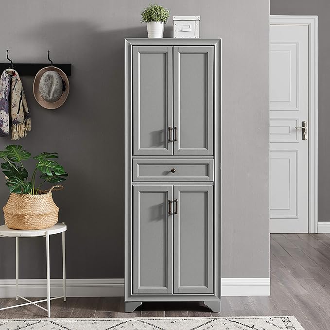 Crosley Furniture Tara Pantry Storage Cabinet with Shelves, Kitchen, Dining, or Laundry Room, Distressed Gray
