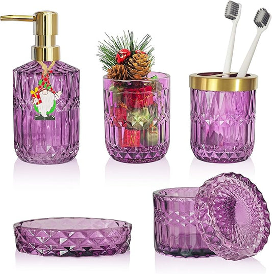 Purple Bathroom Accessories Set, 5Pcs Clear Glass Bathroom Accessories, Soap Dispenser, Toothbrush Holder Set, Soap Dish, Qtip Holder, Tumbler for Vintage Crystal Bath Decor (Violet)
