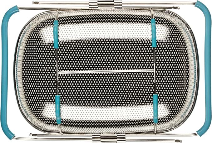 Rachael Ray Tools and Gadgets Over-The-Sink Colander/Strainer, 4.5 Quart, Stainless Steel with Agave Blue Handles