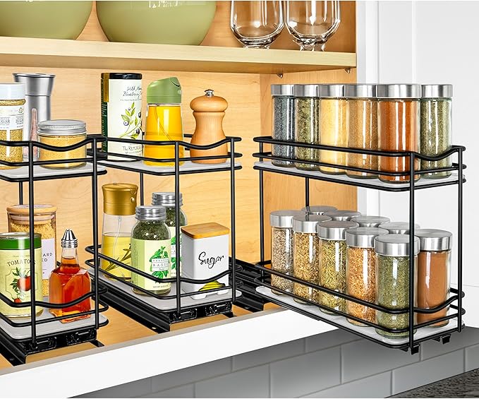LYNK PROFESSIONAL® Pull Out Spice Rack Organizer for Inside Kitchen Cabinets - 4-3/8 inch Wide - Slide Out Drawer – Black Sliding Spice Cabinet Organization Shelf Racks - 2 Tier