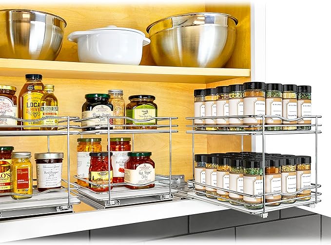 LYNK PROFESSIONAL® Pull Out Spice Rack Organizer for Inside Kitchen Cabinets - 8-3/8 inch Wide - Slide Out Drawer – Chrome Sliding Spice Cabinet Organization Shelf Racks - 2 Tier
