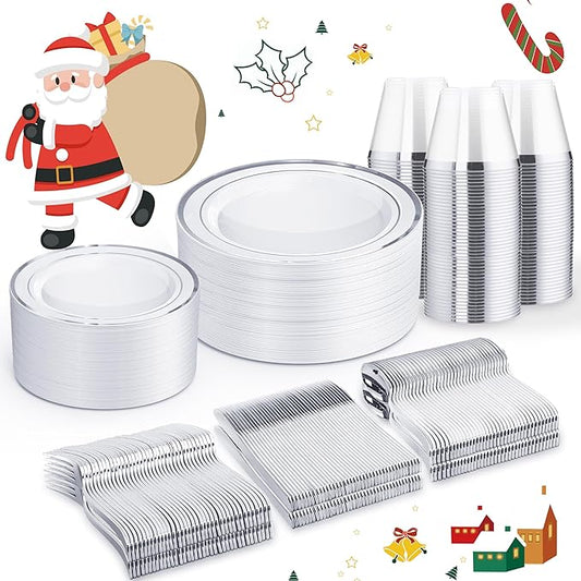 WELLIFE 300 PCS Silver Dinnerware Set for 50 Guests, Silver Plastic Disposable Plates for Party, 50 Dinner Plates, 50 Salad Plates, 50 Cups Forks Knives Spoons for Wedding and Party Anniversary