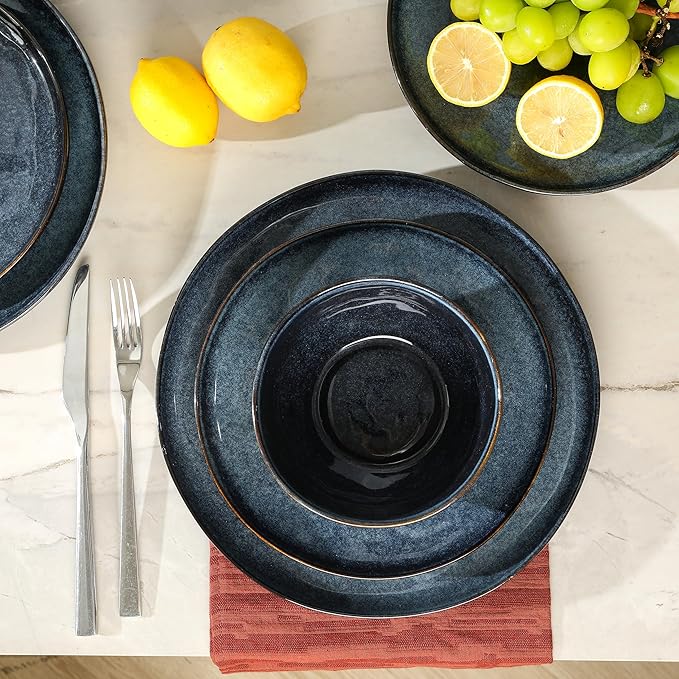 Stone + Lain Mirella 12-Piece Stoneware Dinnerware Set, Service for 4, Reactive Glaze, Deep Blue – Includes Dinner Plates, Salad Plates, and Bowls – Modern Artisanal Design