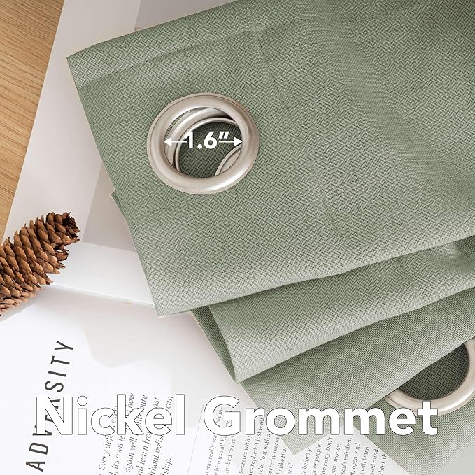 H.VERSAILTEX Living Room Linen Curtains - Semi Sheer, Nickel Grommet, Energy Saving, Light Filtering Window Treatments - Sea Grass, 2 Panels, 52 x 84 Inch