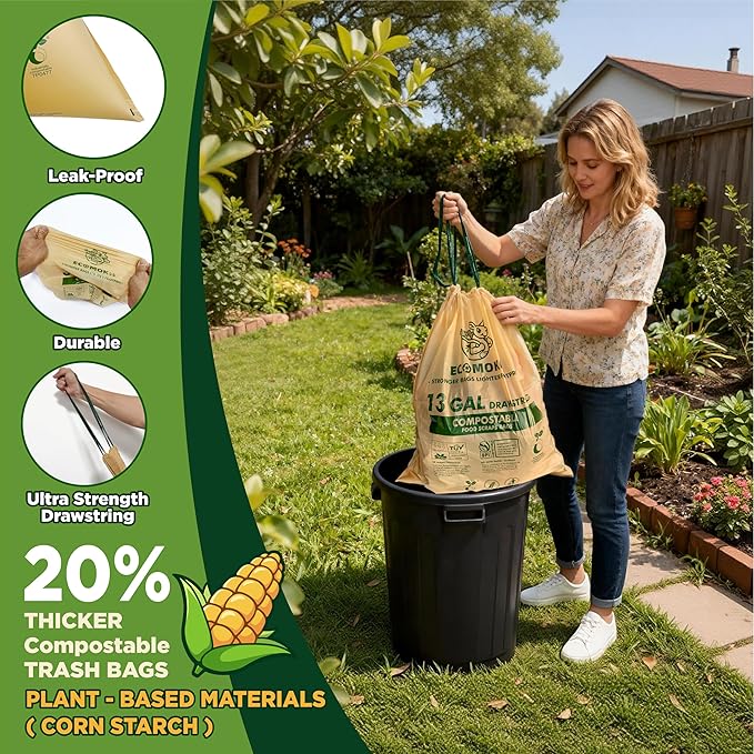 EcoMokii Compostable Trash Bags with Drawstring 13 Gallon, 60 Count, 49.2 Liter, 1.2 Mil Heavy Duty Extra Thick for Tall Kitchen Garbage Can, Compost Food Waste Bag, BPI (ASTM D6400)