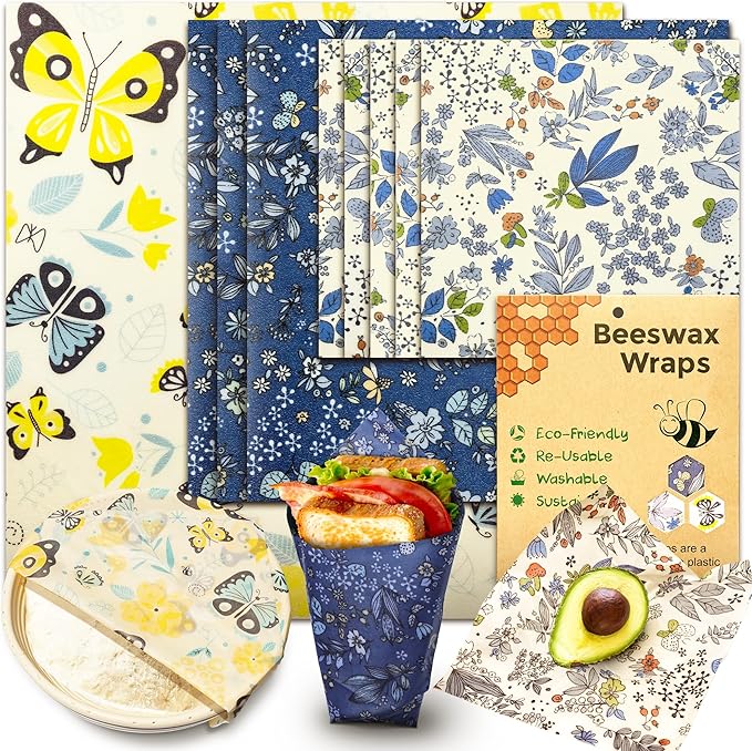 OHIYO Reusable Beeswax Wrap for Food, 9 Pack Organic Cotton Beeswax Papers (1XL + 3M + 5S), Bread Sandwich Wrapper, Suitable for Bowls, Fruits, Cheese, Hamburgers
