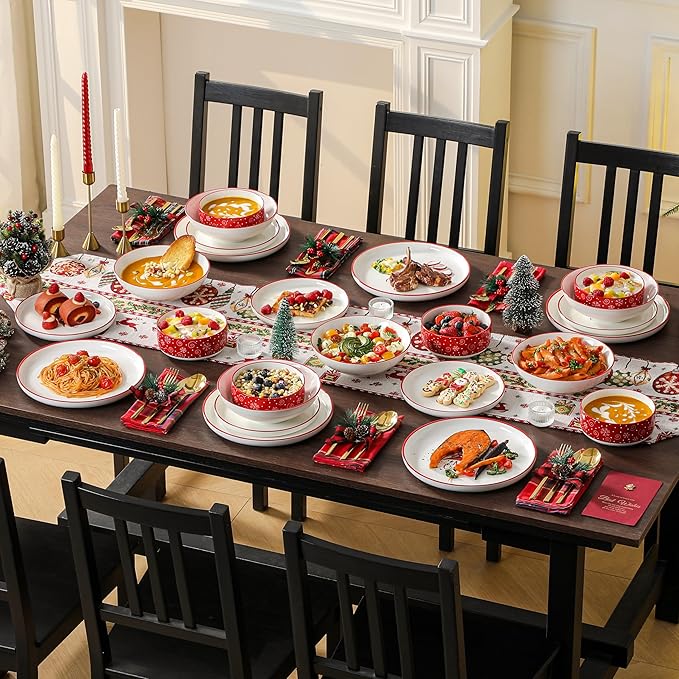 MALACASA Plates and Bowls Sets, 24 Pieces Christmas Porcelain Dinnerware Set for 6, Ceramic Dishware Dishes Kitchen Dining Ware Set, Microwave and Dishwasher Safe, Series LUNA-Christmas Tree
