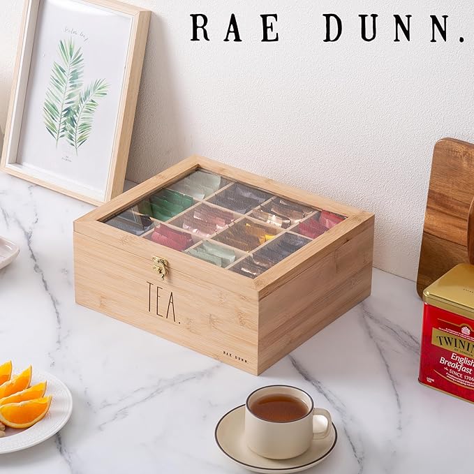 Rae Dunn Tea Bag Organizer - Tea Box Divided Storage Container Box with Hinge Lid for Kitchen Cabinet, Countertop, Pantry, Hold Coffee Pods, Seasoning Packets, Condiments, Bamboo