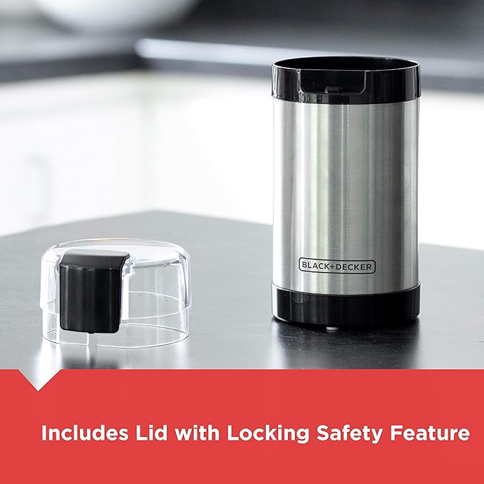 BLACK+DECKER One Touch Coffee Grinder, 2/3 Cup Coffee Bean Capacity, Spice Grinder, One Touch Push-Button Control -150 Watts -Stainless Steel Blades (Pack of 4)