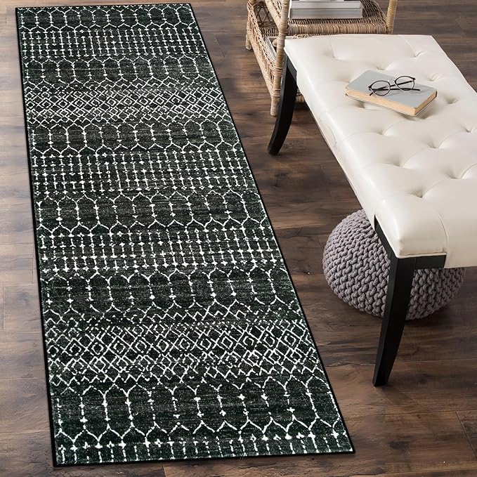 Lahome Moroccan Black Long Runner - Washable Hallway Rug, Ultra-Thin Non Slip Kitchen Runner, Soft Modern Print Indoor Floor Carpet for Entryway Stair (Black, 2'5''x12'')