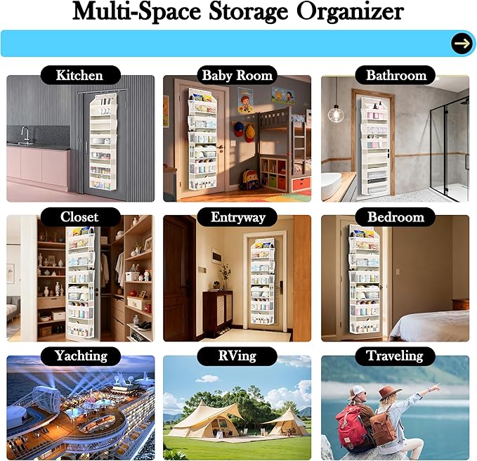 PAULONE 1 Pack Heavy Duty Over the Door Organizer, 6 Large + 12 Mesh Pockets with 89 lbs Capacity, Space-Saving Hanging Storage for Shoes, Toys, Bedroom & Closet-Off-White