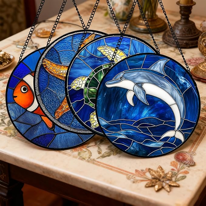 Stained Glass Window Hanging 4 Pcs Set Blue Ocean Turtle Dolphin Large 15" - Marine Life Suncatcher Garden Sun Catcher Decor Birthday Mother's Day for Mom Woman Nana Men