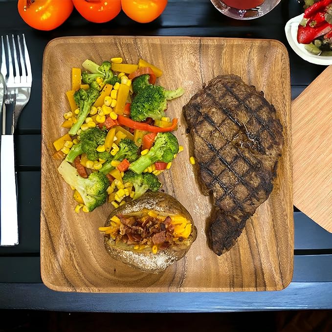 Wooden Plates Set of 4 – 10” Square Acacia Wood Plates, Rustic Dinnerware for Steak, BBQ, Charcuterie, or as Wooden Chargers