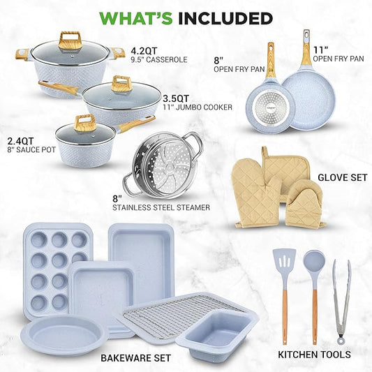 Nutrichef 22-Piece Cookware and Bakeware Set | Professional Home Kitchen Collection with Multi-Sized Pots, Pans, Non stick and Heat-Resistant Tools (Moon Grey Marble)