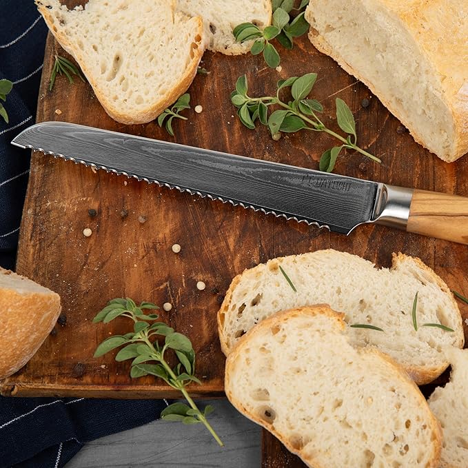 Yatoshi Knives Magnetic Kitchen Knife Block Set - Japanese 67 Layer High-Grade VG-10 Steel Knives, Sharp, Professional Kitchen Knife Set - Damascus (6 pieces), Olive Wood Handles