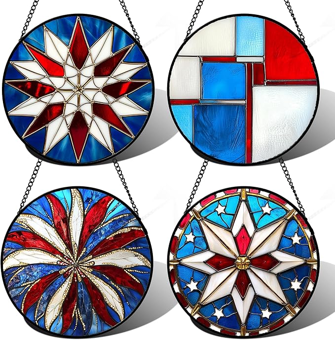 Stained Glass Window Hanging 4 Pcs Set Abstract Flowers in Red White Blue 9.8" - Suncatcher Door Garden Sun Catcher Decor Birthday Mother's Day Xmas Gift for Mom Woman Nana Men Parents
