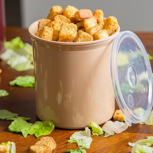 Carlisle FoodService Products Classic Round Storage Container Crock with Lid for Kitchen, Restaurants, Home, Plastic, 1.2 Quarts, Beige, (Pack of 12)