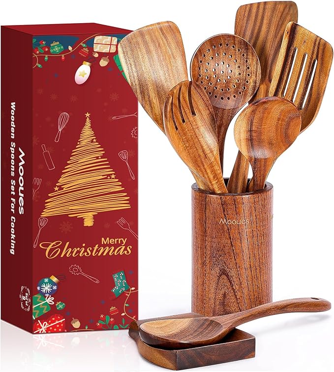 Wooden Spoons for Cooking, Wooden Utensils for Cooking Natural Teak Wooden Kitchen Utensils Set Comfort Grip(9 PCS Xmas Gift)