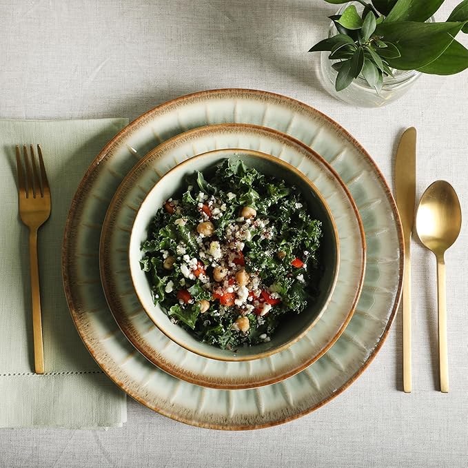Gibson Elite Trescott Way 12-Piece Reactive Glaze Stoneware Dinnerware Set – Green Plates and Bowls