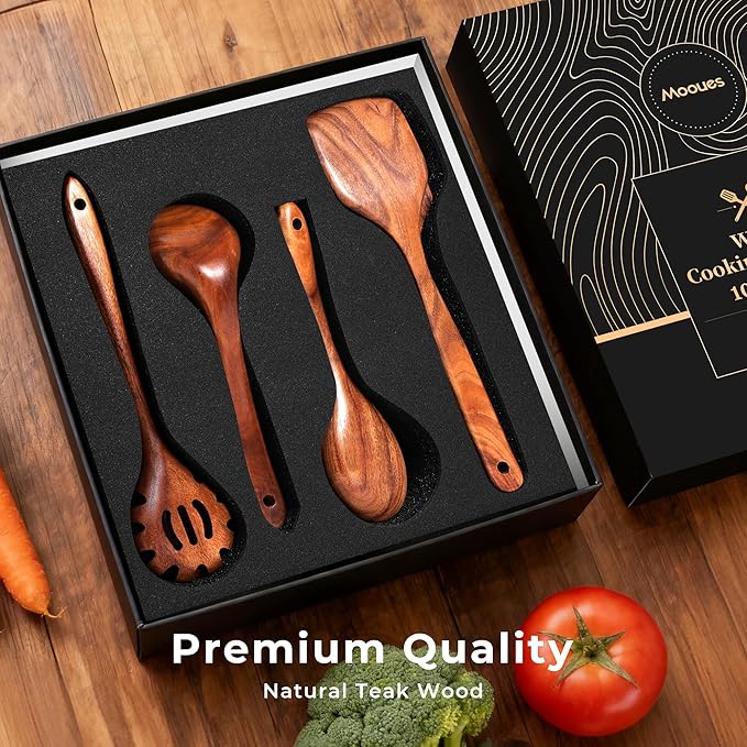 Wooden Spoons for Cooking, Wooden Utensils for Cooking Natural Teak Wooden Kitchen Utensils Set Comfort Grip(10 PCS SET GIFT BOX)