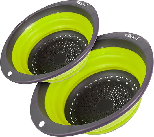 "Balevi Collapsible Strainers for Kitchen - Collapsible Colander Set of 2 Made of Silicone - Collapsible Strainer with Little Pegs to Keep Food Elevated - Green"