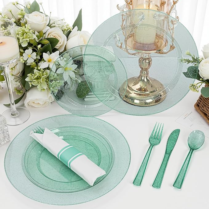 DaYammi 350 Pieces Green Glitter Dinnerware Set 50 Guest for Party- 50 Dinner Plates, 50 Dessert Plates -50 Per Rolled Napkins with Green Cutlery - 50 Disposable Cups 9 OZ
