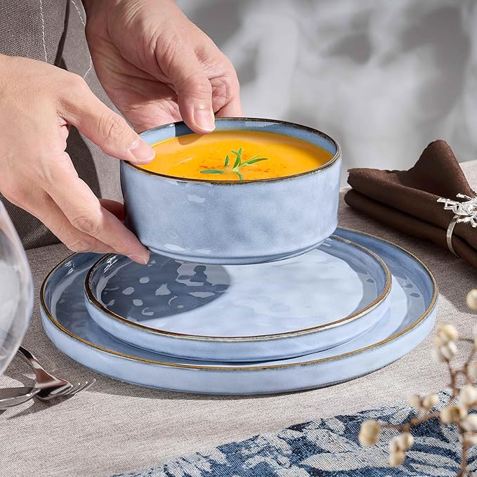 Herogo 12 Pieces Dinnerware Sets for 4, Ceramic Serving Dishes Sets, Stoneware Plates and Bowls for Kitchen Dining, Dishwasher & Microwave Safe, Haze Blue