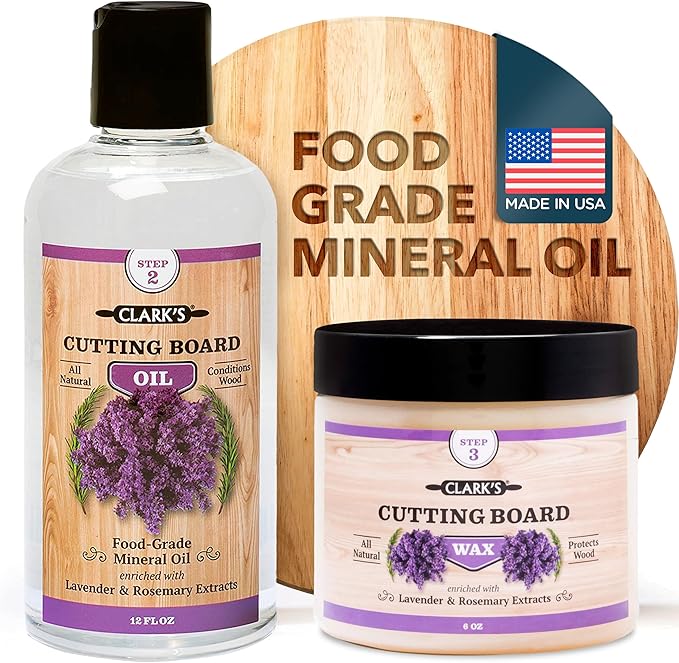CLARK'S Food Grade Mineral Oil (12oz) and Carnauba Wax (6oz) Set - 100% Natural Butcher Block Oil and Cutting Board Wax - Food Safe Beeswax and Wood Cutting Board Oil with Lavender & Rosemary Extract