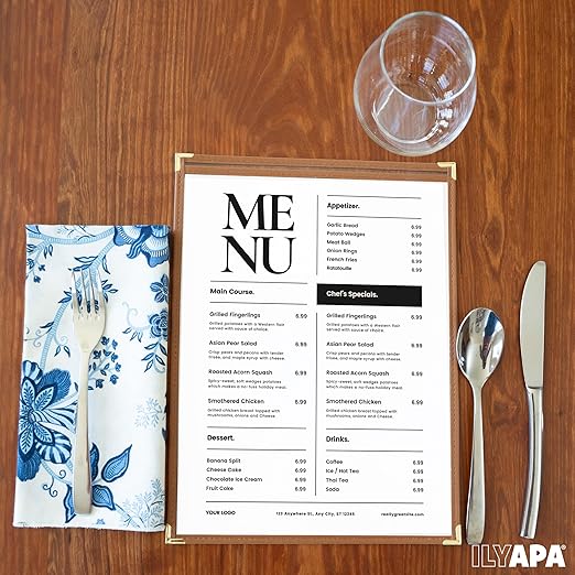 Ilyapa Saddle Brown 30 Pack of Menu Covers 8.5 x 11 Inch - Single Page, 2 View Restaurant Menu Covers, Double Stitched Sleeves, Vegan Faux Leather