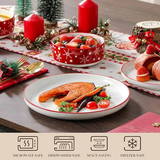 MALACASA Plates and Bowls Sets, 24 Pieces Christmas Porcelain Dinnerware Set for 6, Ceramic Dishware Dishes White Kitchen Dinner Dining Ware Set, Microwave and Dishwasher Safe, Series LUNA-Santa Claus