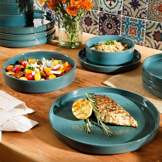 Bloomhouse - Two Time Oprah's Favorite Things Winner - Santorini Mist Double Bowl Terracotta Reactive Glaze Plates and Bowls Dinnerware Set - Jade Blue Green, Service for Four (16pcs)