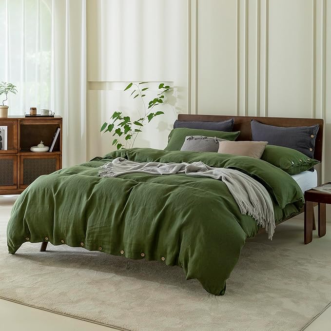 EVERLY 100% Pure Linen Duvet Cover Set California King Size 104X98Inch 3pcs (1 Duvet Cover,2 Pillowcases) Soft and Breathable with Coconut Button Closure,Suitable for Hot Sleepers-Mossy Green
