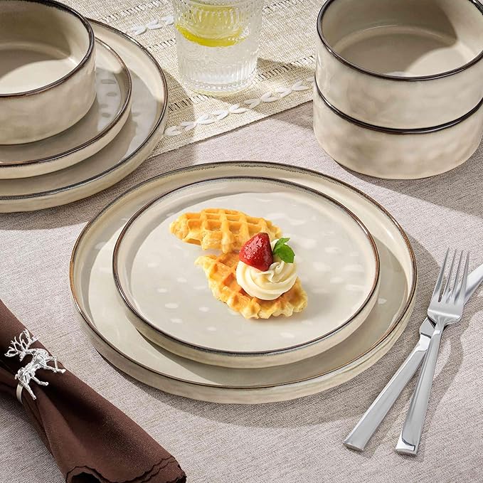 Herogo Dinnerware Dishes Sets, 18 Pieces Plates and Bowls Sets for 6, Kitchen Serving Dishes, Dishwasher & Microwave Safe, Cream Khaki
