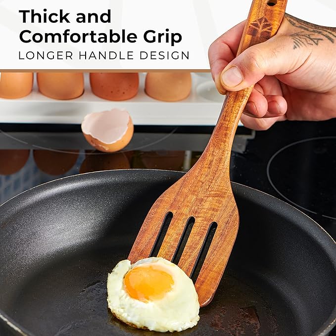 Wooden Spatula for Cooking, Teak Spatulas for Kitchen Use - Wooden Cooking Utensils Set of 4 including Paddle, Turner, Slotted Spurtle and Wood Scraper. Nonstick cookware, Kitchen Gifts for Women Men