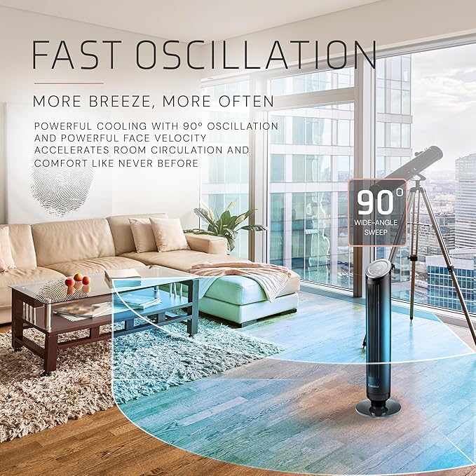 LASKO Ascend Tower Fan with Remote, 36" Floor Fans for Home Bedroom, 29 ft/s Airflow, 90° Oscillation, Air Filter, Black, OST100