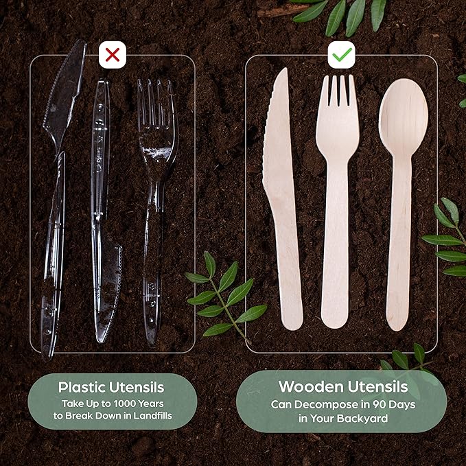 PURPLECLAY Wooden Disposable Cutlery Set, 360 PCS (120 Forks, 120 Spoons, 120 Knives) – Eco-Friendly Compostable Biodegradable Wooden Utensils, Plastic-Free Party Cutlery Set