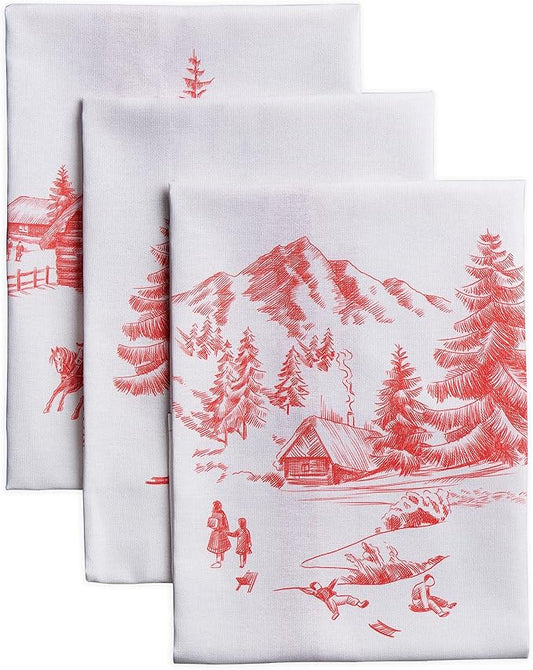Maison d' Hermine Kitchen Towels Set of 3 100% Cotton 20" x 27.5" Reusable Cloth Tea Dish Towels Absorbent with Hanging Loop for Kitchen Dining Thanksgiving Christmas Decorations (Winter Jouy)