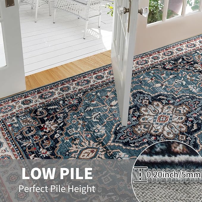 Easy-Going Area Rug 5x7 Medallion Distressed Washable Rugs for Living Room Non-Slip Bedroom Rug Low Pile Lightweight Vintage Retro Throw Rug for Dining Room Kitchen Home Office Carpet, Teal Brick