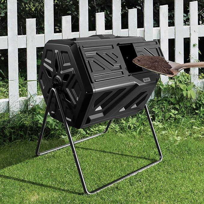 43 Gallon Compost Bin with Gloves, Fast Assembly & Easy Setup Outdoor Compost Tumbler, Updated Dual Chamber Tumbling Composter for for Garden, Kitchen, and Yard Waste, Black